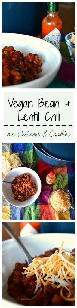 Black beans, kidney beans, and lentils work together with a great blend of spices to make this vegan chili hearty and satisfying