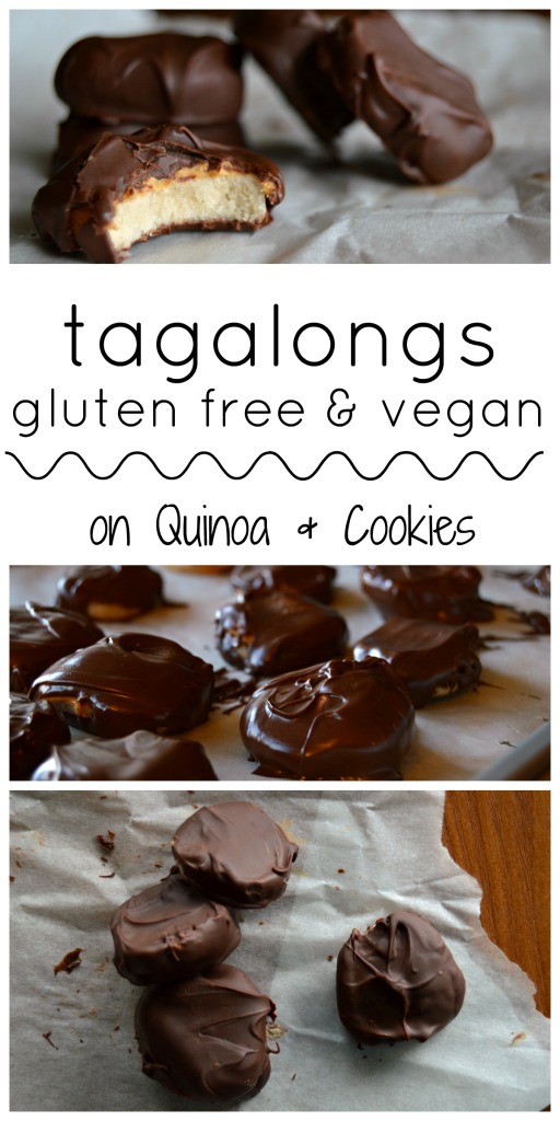 These homemade Tagalongs are surprisingly easy, and taste just as good as the original!  Gluten Free & Vegan Tagalongs, on Quinoa & Cookies
